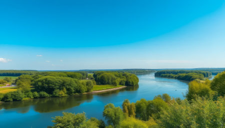 Beautiful river surrounded by lush green trees on both sides. The sky above is a clear blue, creating a serene and peaceful atmosphere. The scene is perfect for a relaxing day spent outdoorsの素材