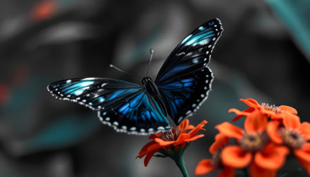 Blue butterfly is perched on a red flower. The butterfly is the main focus of the image, and the red flower serves as a contrasting background. Concept of tranquility and beautyの素材