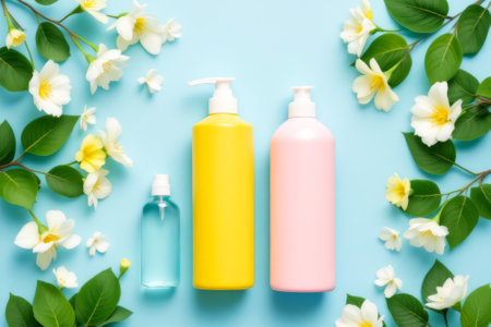 Three bottles of lotion are displayed on a blue background with yellow flowers. The bottles are arranged in a row, with the middle one being the tallestの素材