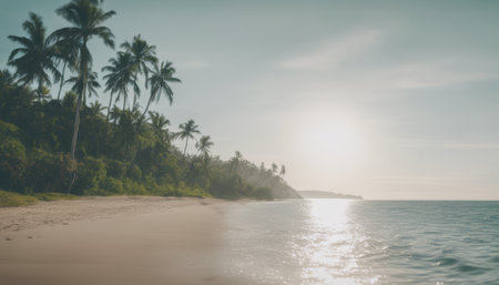 Beautiful beach with palm trees and a calm ocean. The sun is setting, creating a warm and peaceful atmosphereの素材