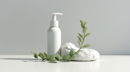 Bottle of lotion is on a table next to a rock and a leaf. The bottle is white and the rock is white. The scene is simple and clean, with a focus on the lotion bottleの素材