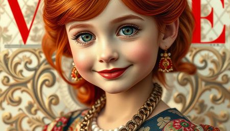 Girl with red hair and blue eyes is smiling and wearing red lipstick. She is the cover girl for Vogue magazineの素材