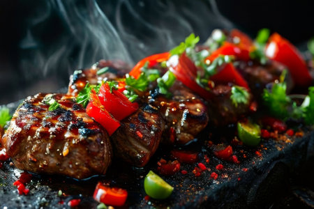 Plate of meat with peppers and onions on top. The meat is cooked and has a nice seaの素材