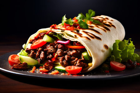 Large burrito filled with meat and vegetables is on a plate. The burrito is covered in lettuce and tomatoes, and it looks deliciousの素材