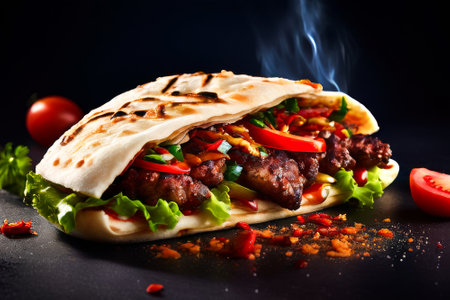 Large meatball sub with a side of lettuce and tomatoes. The sub is covered in a variety of vegetables and is served on a black tableの素材