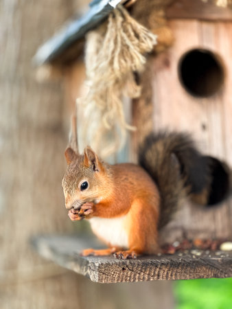 Squirrel is eating from a bird feeder. The feeder is in a tree. The squirrel is brown and whiteの写真素材