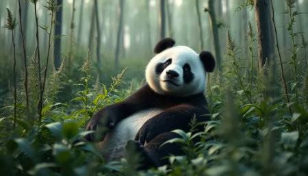 Panda bear is laying in the grass in a forest. The bear is smiling and he is relaxedの素材