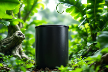 Black container is sitting in a lush green field. The container is empty and he is a trash can. Concept of nature and tranquility, with the container blending in with the surrounding greeneryの素材