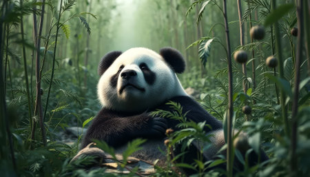 Panda bear is laying down in a forest. The bear is surrounded by tall green trees and bushes. Scene is peaceful and serene, as the bear appears to be resting in its natural habitatの素材