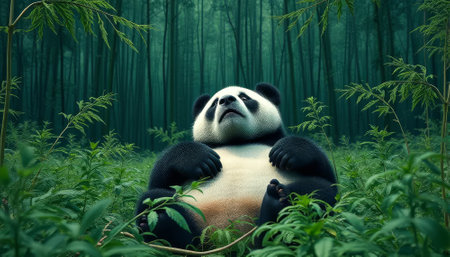 Large panda bear is resting in a lush green forest. The bear is surrounded by tall grass and trees, creating a serene and tranquil atmosphere. The scene captures the beauty and majesty of natureの素材