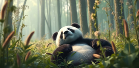 Panda bear is laying in the grass in a forest. The bear is relaxed and comfortable, enjoying the peaceful surroundingsの素材