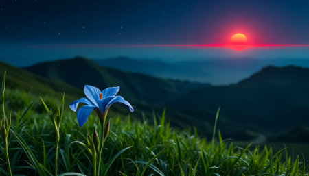 Blue flower is in the foreground of a beautiful mountain landscape. The sun is setting in the background, casting a warm glow over the scene. Concept of peace and tranquilityの素材