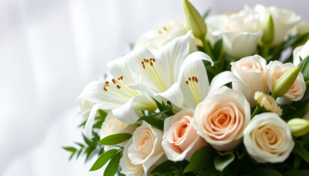 Bouquet of white flowers with pink roses. The flowers are arranged in a vase and are placed on a white surface. The bouquet has a fresh and elegant appearance, which conveys a sense of beautyの素材