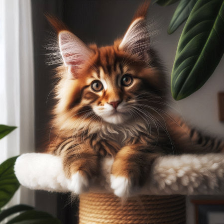 Cat with long fur is sitting on a scratching post. The cat has a curious look on its faceの素材