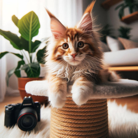 Cat is sitting on a camera tripod. The cat is orange and white. The camera is a Canonの素材