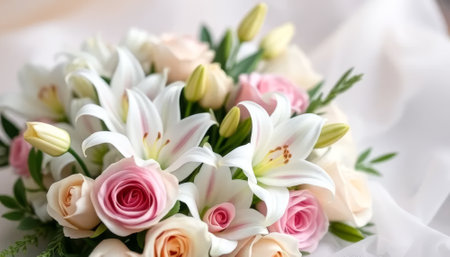 Bouquet of flowers with pink and white flowers, including roses and lilies. The arrangement is elegant and sophisticated, with a mix of colors and texturesの素材