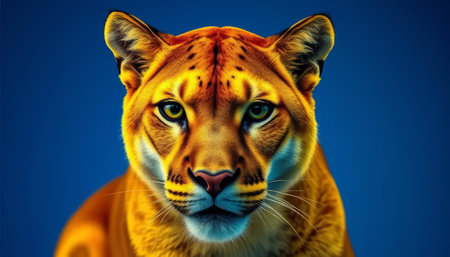 Tiger is staring at the camera with its eyes wide open. The tiger is orange and yellow, and its fur is soft and fluffy. The blue background adds a sense of calmness to the sceneの素材