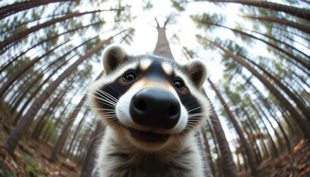 Raccoon is smiling and looking at the camera. The image has a playful and lighthearted moodの素材