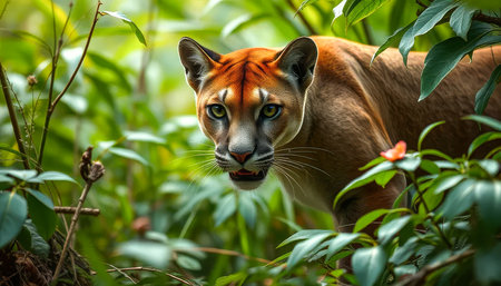 Tiger is walking through the jungle. The tiger is orange and black. The jungle is lush and greenの素材