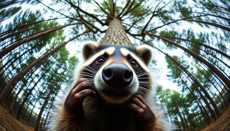 Raccoon is looking at the camera with its nose up. The image has a playful and curious moodの素材