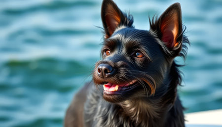 Black dog with a black nose and black hair is sitting on a boat in the water. The dog is smiling and he is enjoying the waterの素材
