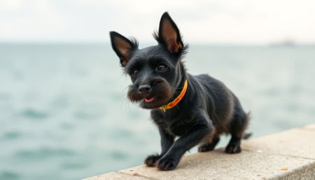 Small black dog with a yellow collar is standing on a ledge near the water. The dog appears to be enjoying the view and the fresh airの素材