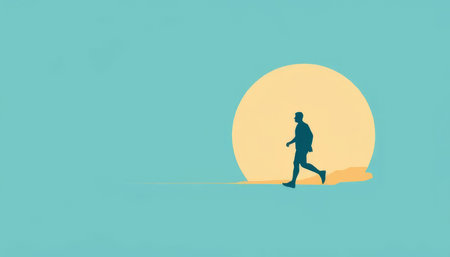 Man is walking on a path next to a large sun. The sky is blue and the sun is orangeの素材