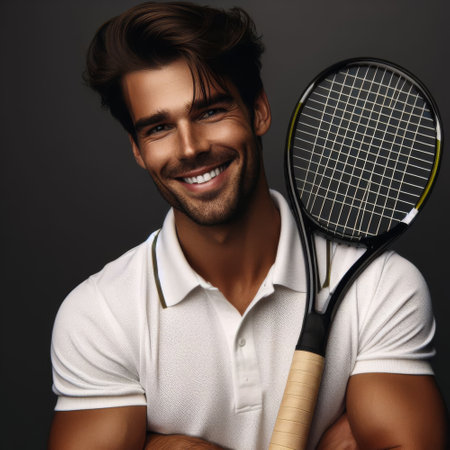 Man is holding a tennis racket and smiling. Concept of happiness and enjoyment, as the man is excited about playing tennisの素材