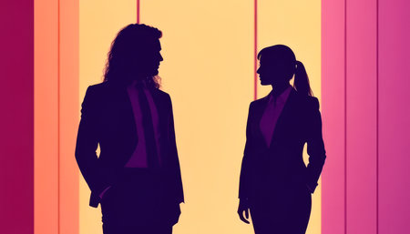 Two people in suits are standing in front of a wall with a pink background. The man is wearing a tie and the woman is wearing a ponytail. Scene is professional and formalの素材