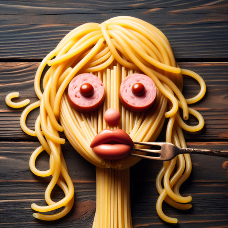 Woman's face made out of spaghetti and meatballs. The spaghetti is arranged to look like her hair and the meatballs are her eyes. The fork is in her mouth, ready to take a biteの素材