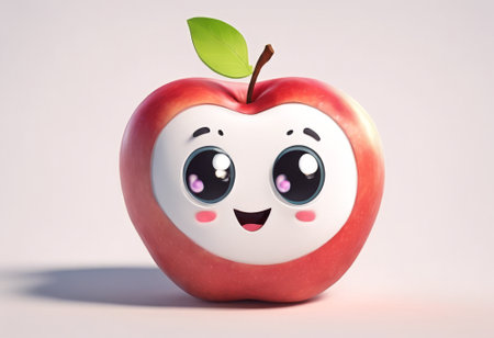 Cartoon apple with a smiling face. The apple is red and has a green leaf on topの素材