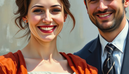 Woman and a man are smiling at the camera. The woman is wearing an orange dress and the man is wearing a suit. Scene is happy and friendlyの素材