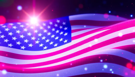 Flag with a bright light shining on it. The flag is the American flag and it is waving in the airの素材