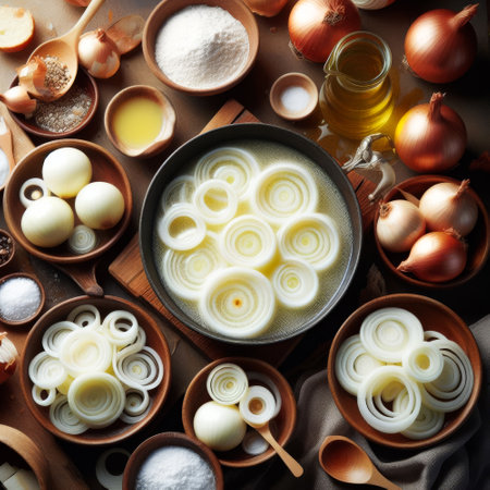 Table with many bowls of food, including onions and potatoes. The onions are in a large bowl and the potatoes are in smaller bowlsの素材