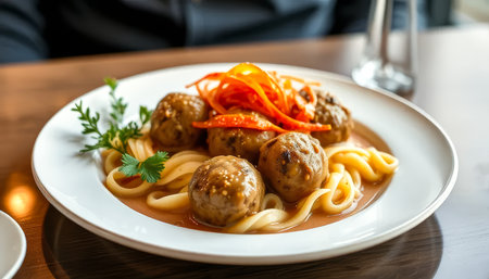 Plate of meatballs and noodles with a garnish of carrots. The dish looks appetizing and well-presentedの素材