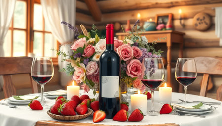 Table with a bottle of wine, a vase of flowers, and two wine glasses. The table setting is elegant and inviting, with candles and strawberries as a centerpiece. Scene is romantic and intimateの素材
