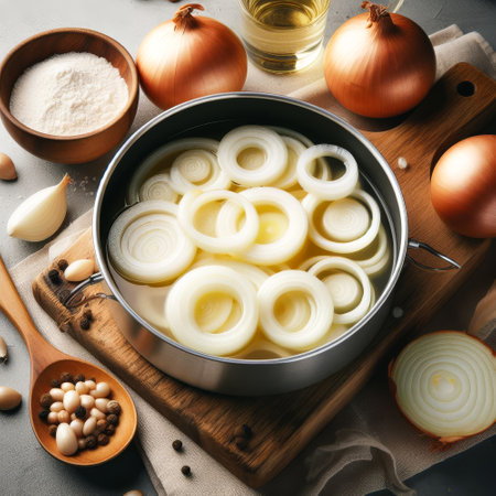 Pot of onions sits on a wooden cutting board with other ingredients. The onions are sliced and ready to be cookedの素材