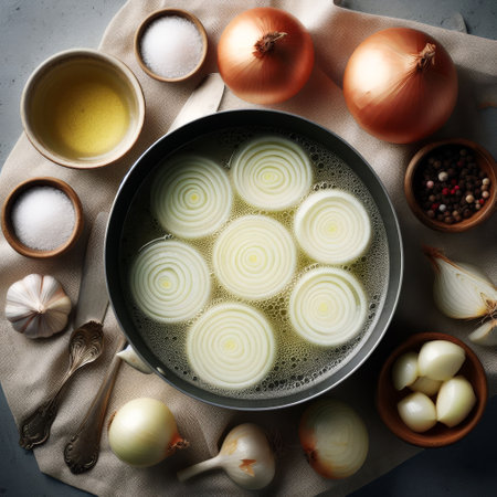 Pot of onions is surrounded by various spices and other ingredients. The onions are in the center of the scene, with a spoon nearby. The spices and other ingredients are scattered around the potの素材