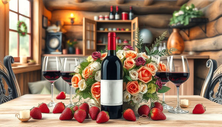 Bottle of wine is on a table with a vase of flowers and four wine glasses. The wine is red and the flowers are orange and pink. The table setting is elegant and invitingの素材