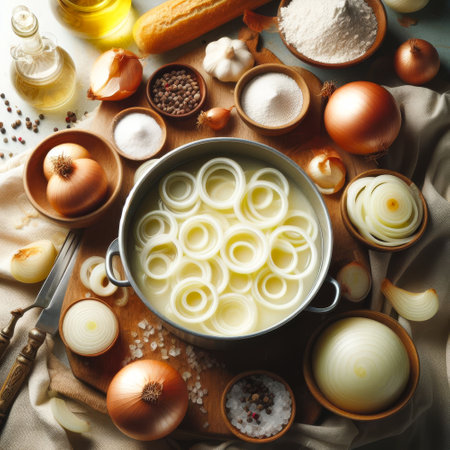 Pot of onions is surrounded by various spices and other ingredients. Concept of warmth and comfort, as it is a common sight in many kitchens. The abundance of onionsの素材