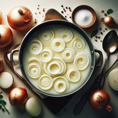 Pot of white onions is surrounded by a variety of spices and utensils. The onions are in a spiral shape, and the spices are scattered around the pot. Scene is warm and invitingの素材