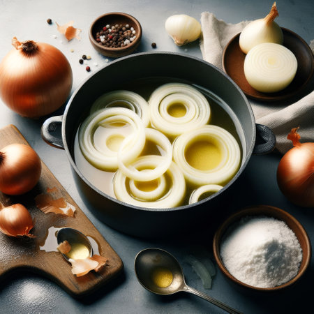 Pot of onions sits on a table with other ingredients. The onions are sliced and arranged in a circular pattern. The table is covered with various items, including a spoon, a bowl, and a few onionsの素材