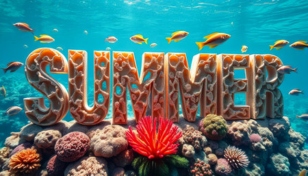 The image is of a coral reef with a large red flower in the center. The word summer is written in a creative way, using the shapes of the coral and fish to spell out the wordの素材