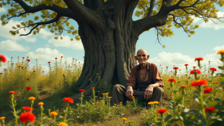 Man sits under a tree in a field of flowers. The scene is peaceful and serene, with the man looking out into the distanceの素材