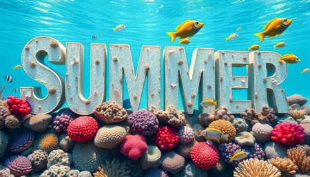 The image is a colorful underwater scene with a large sign that says Summer in white letters. The sign is surrounded by a variety of sea creatures, including fish and coralの素材