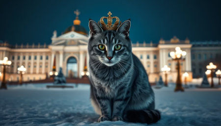 Cat wearing a crown is sitting in front of a building. The cat is looking at the camera with a regal expression. The scene has a whimsical and playful mood, as the cat is dressed up like royaltyの素材