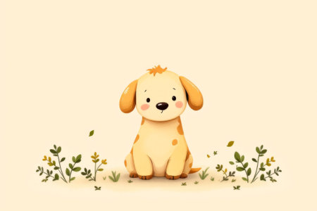 Cartoon dog is sitting in a field of grass. The dog is looking at the camera with a smile on its face. The scene is bright and cheerfulの素材