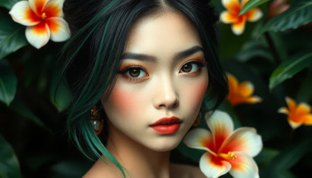 Woman with green hair and red lipstick stands in front of a field of flowers. The flowers are orange and yellow, and they surround her. The image has a bright and cheerful moodの素材