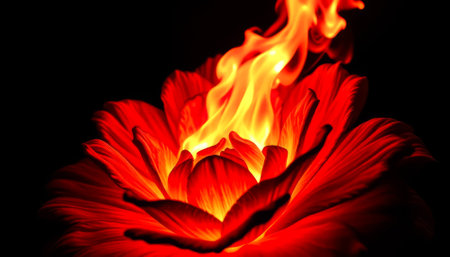 Red flower with a flame on it. The flower is surrounded by darkness. The flame is orange and yellowの素材
