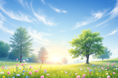 Beautiful, sunny day in a field with a few trees and flowers. The sky is blue and the sun is shining brightlyの素材